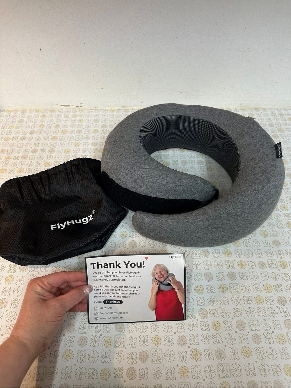 FlyHugz Gray Travel Memory Foam Neck Pillow with Carry Pouch